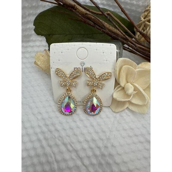 Gold Bow Rhinestone Drop Earrings with Iridescent Teardrop Crystals - Picture 4 of 5